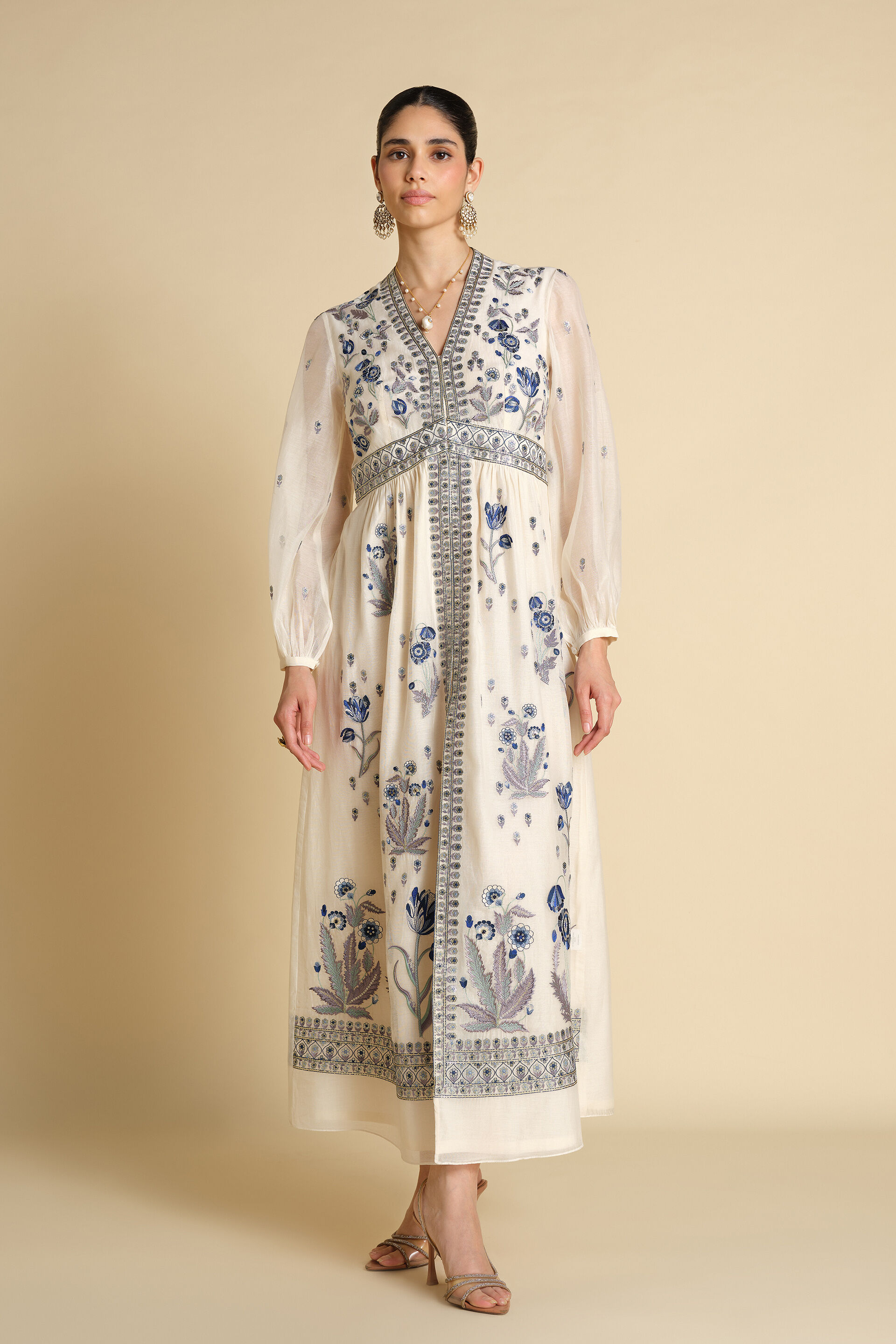 Aditha Embroidered Mul Kaftan - White, White, image 1